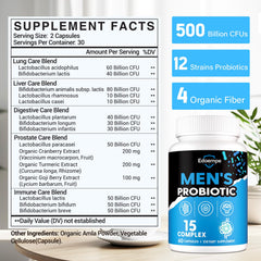 Close-up of Edoempe Probiotics for Men label highlights 12 strains for gut health.