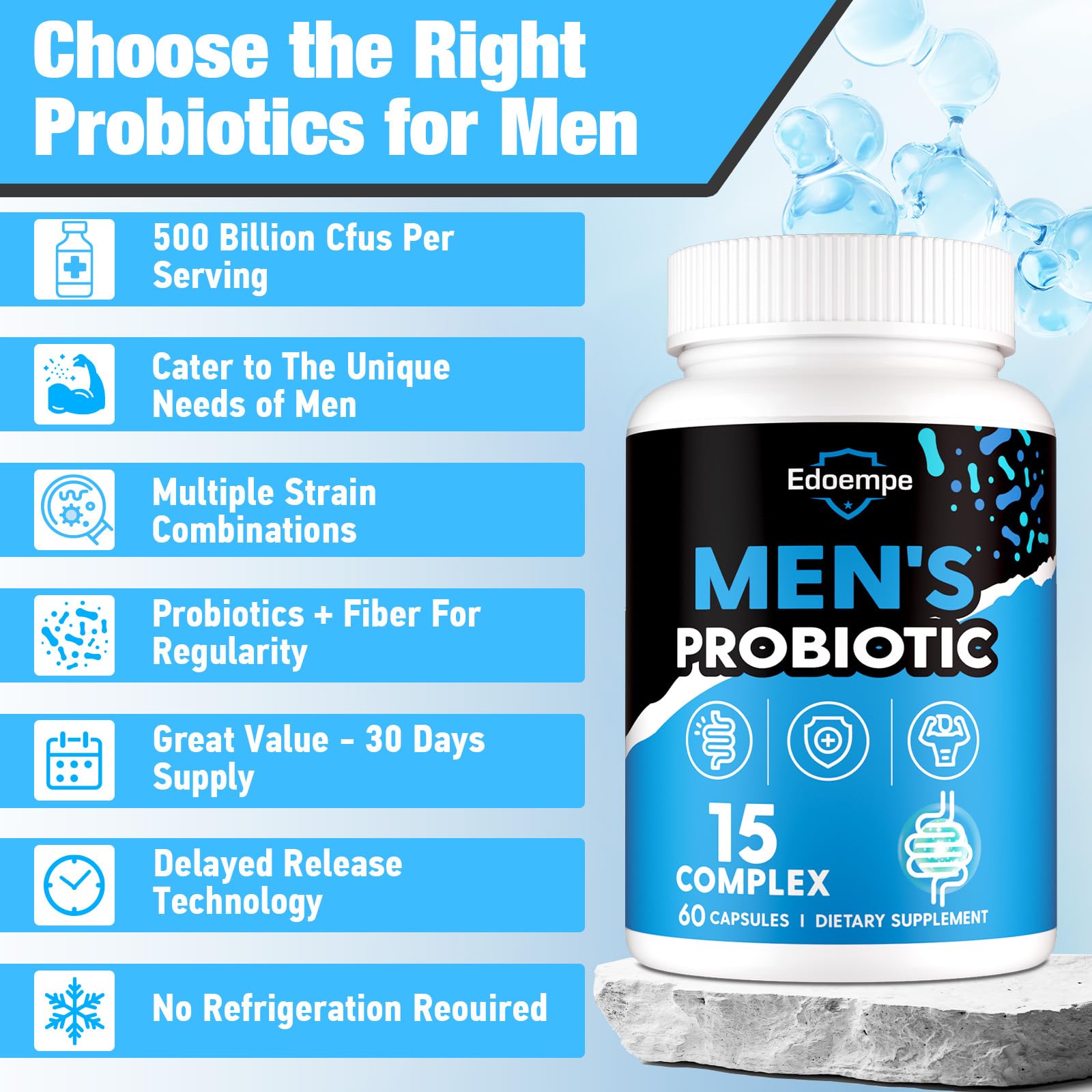 An organic fiber blend from Edoempe Probiotics for Men supports comfortable digestion.