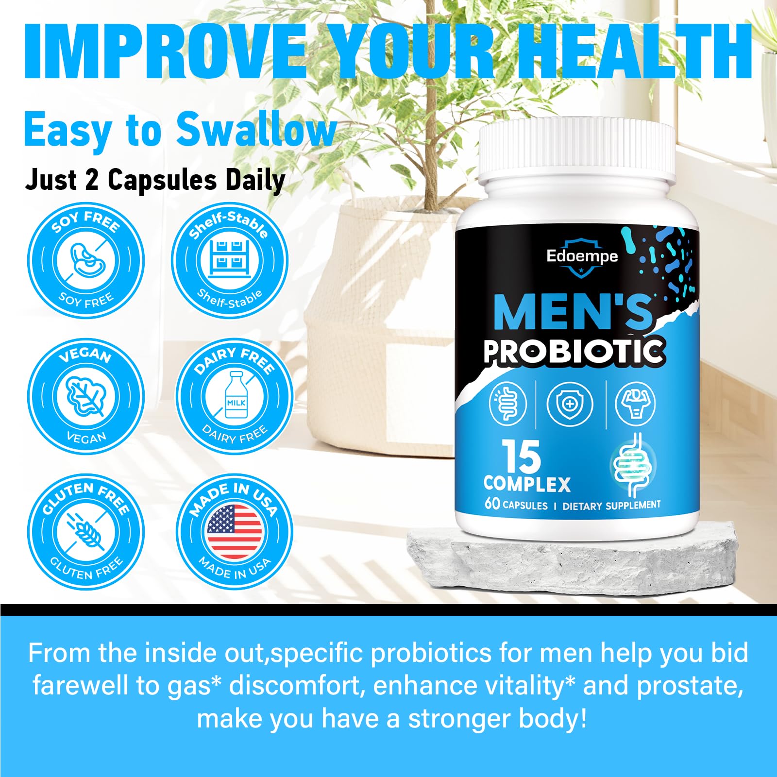 On-the-go daily use with Edoempe Probiotics for Men bottle.