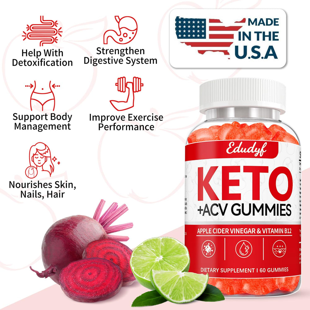 EDUDYF Keto ACV Gummies gluten-free vegan formula label communicates inclusivity and safety.