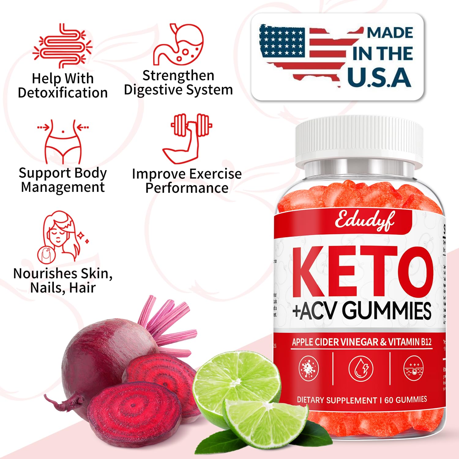 EDUDYF Keto ACV Gummies packaging shows vegan and gluten-free formula for mindful shoppers