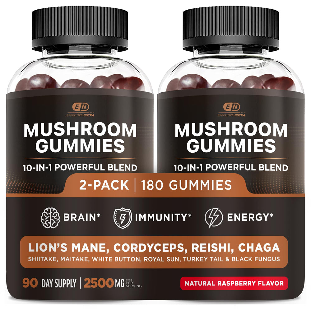 Effective Nutra Mushroom Gummies front label showing the 10-mushroom blend for daily brain support