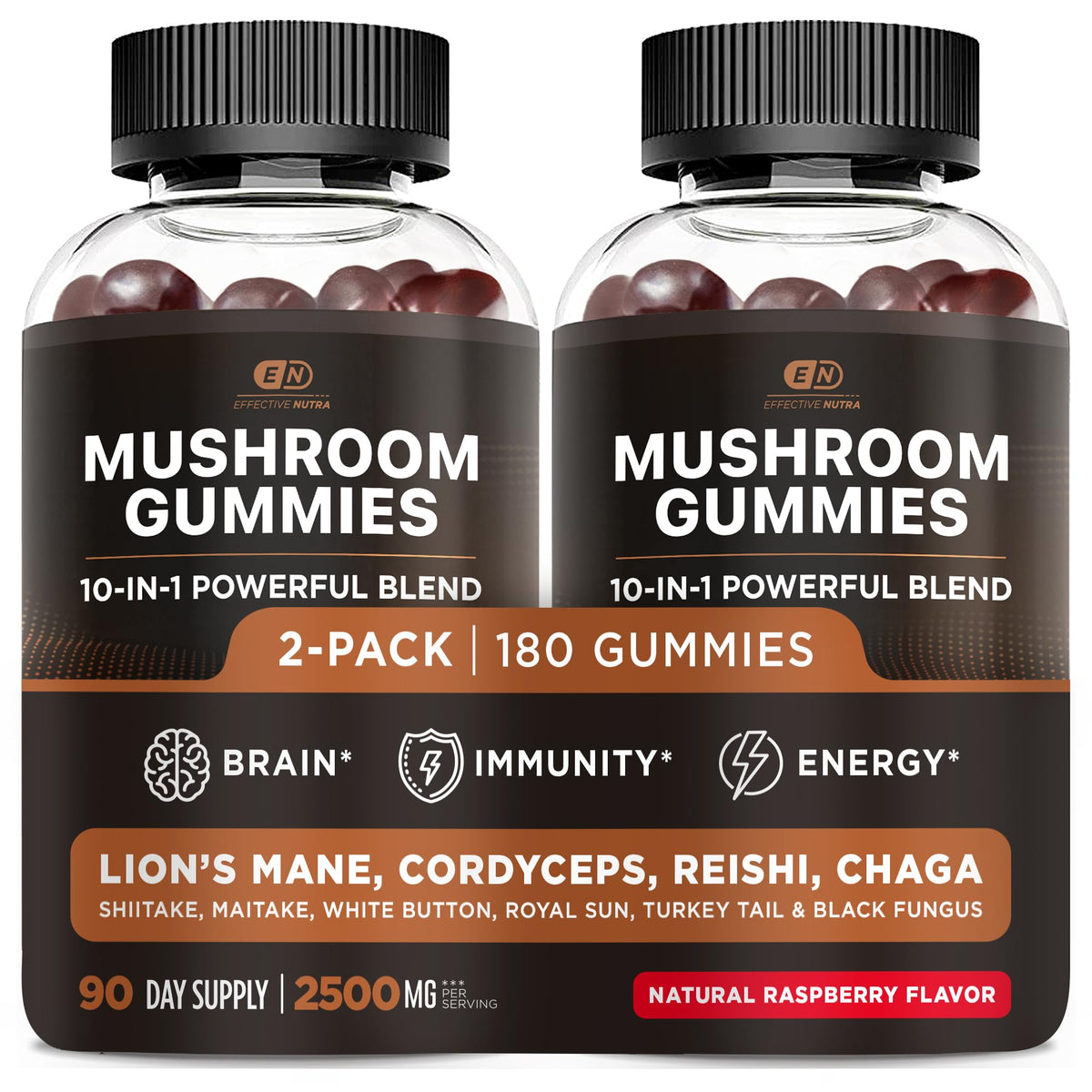 Effective Nutra Mushroom Gummies front label showing the 10-mushroom blend for daily brain support