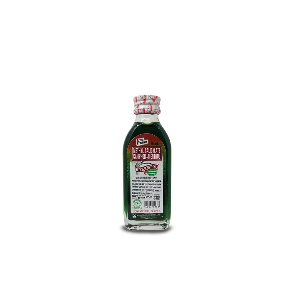Efficascent Oil Extra Strength bottle close-up showing the green liniment for cooling relief.