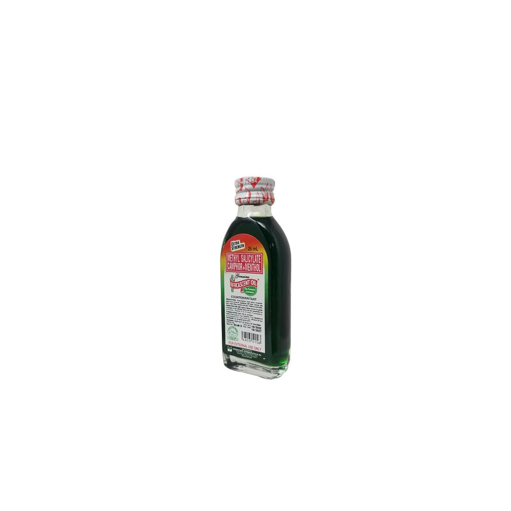 Efficascent Oil Extra Strength bottle side label highlighting cooling menthol and camphor.