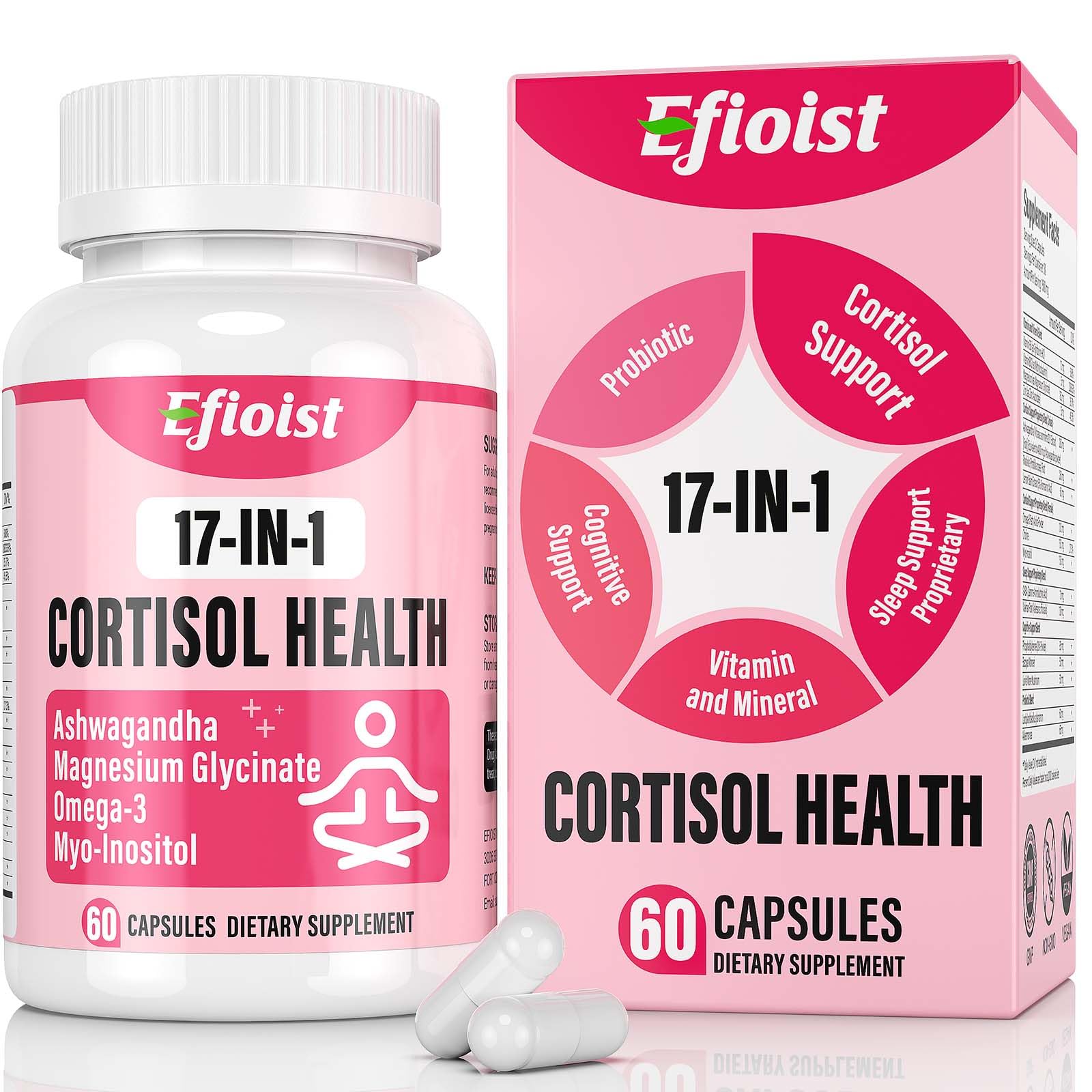 Efioist Cortisol Reducer bottle front with 60 capsules for daily balance.