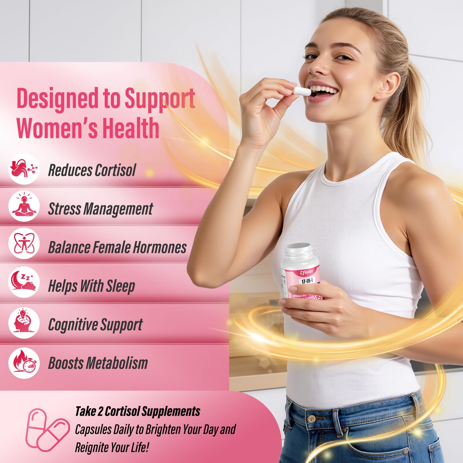 Efioist Cortisol Reducer bottle with water during morning routine.