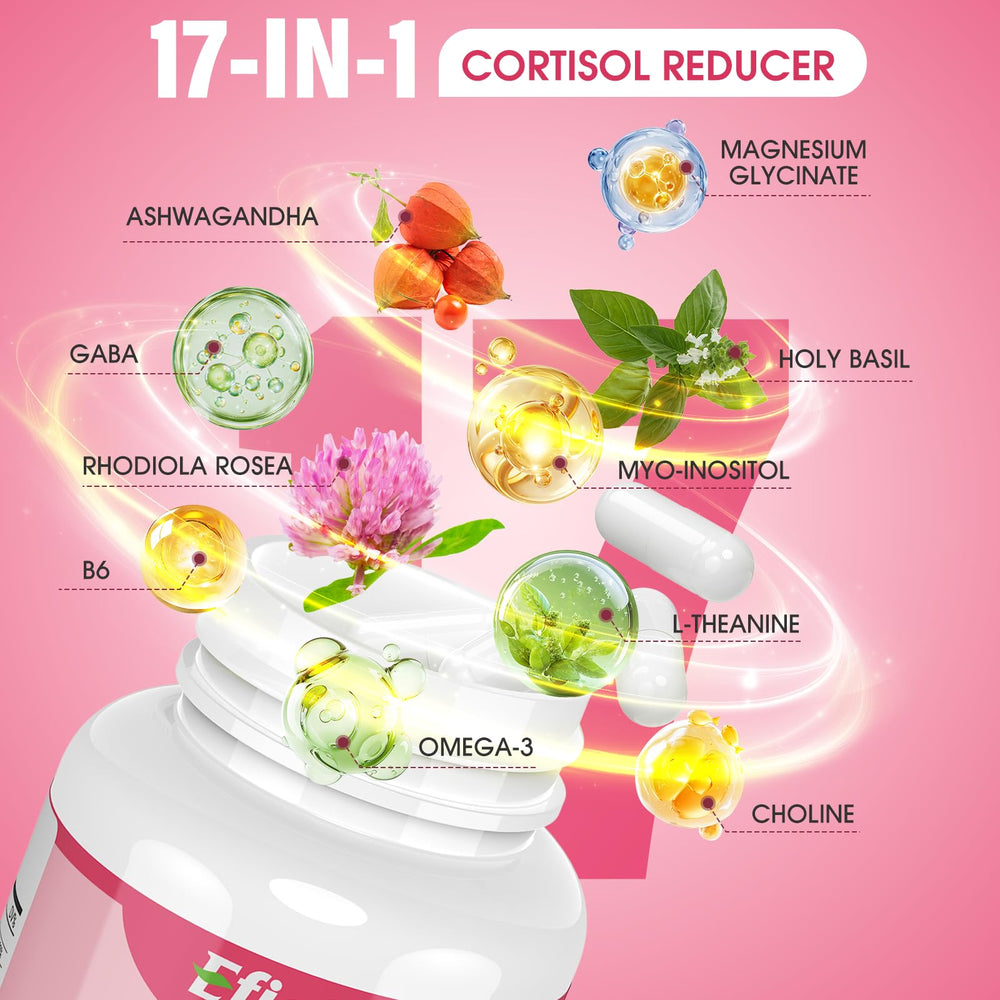 Efioist Cortisol Reducer pills with ashwagandha and omega-3 ingredients.