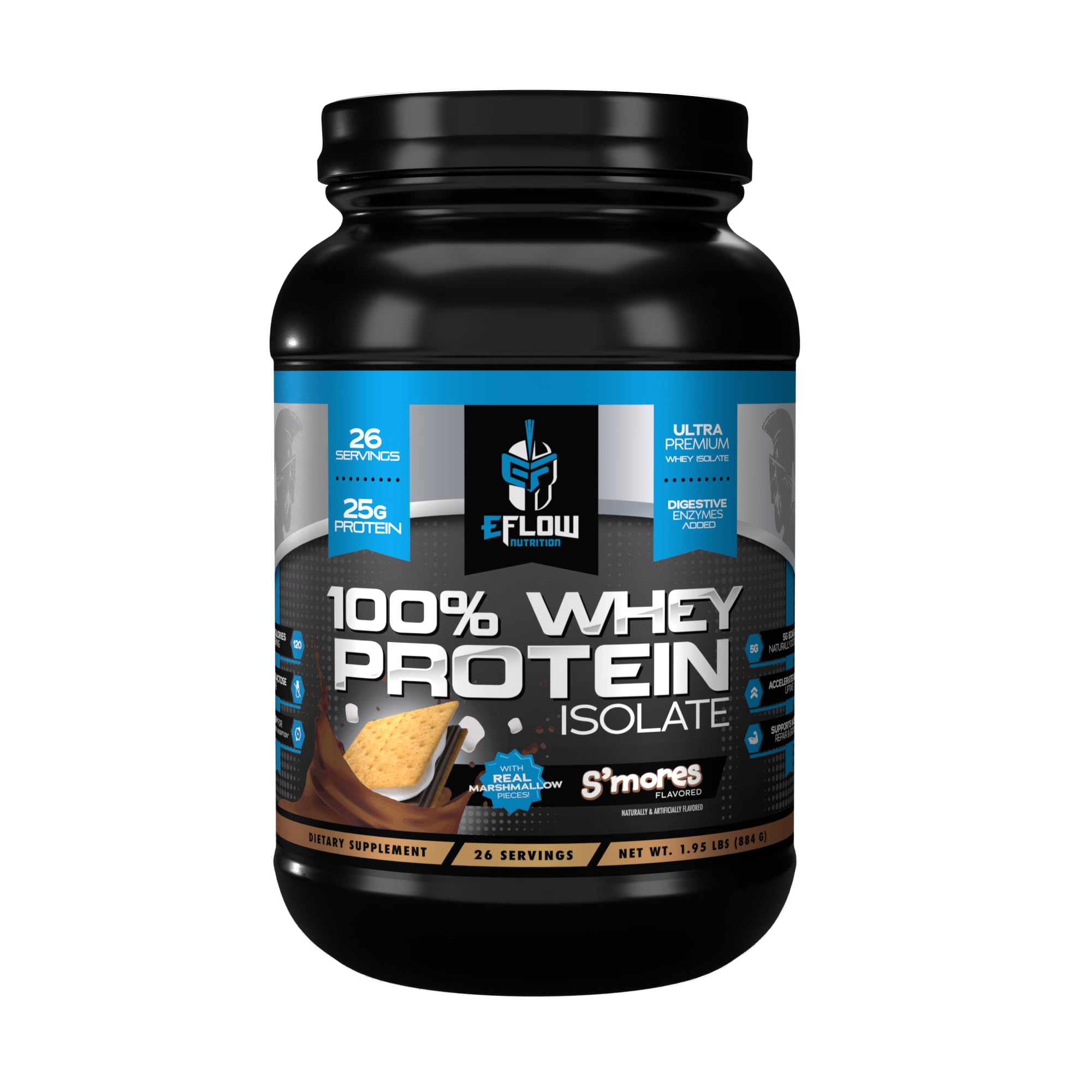 eflow Nutrition Smores whey protein tub highlighting post-workout recovery