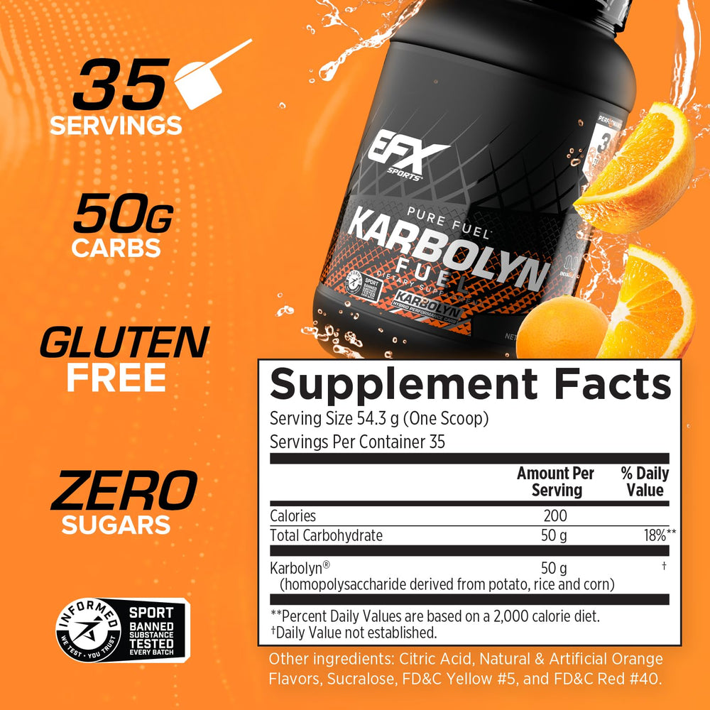Close-up of EFX Karbolyn Fuel label highlighting vegan, stimulant-free formula.