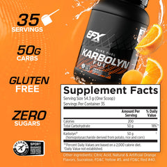 Close-up of EFX Karbolyn Fuel label highlighting vegan, stimulant-free formula.