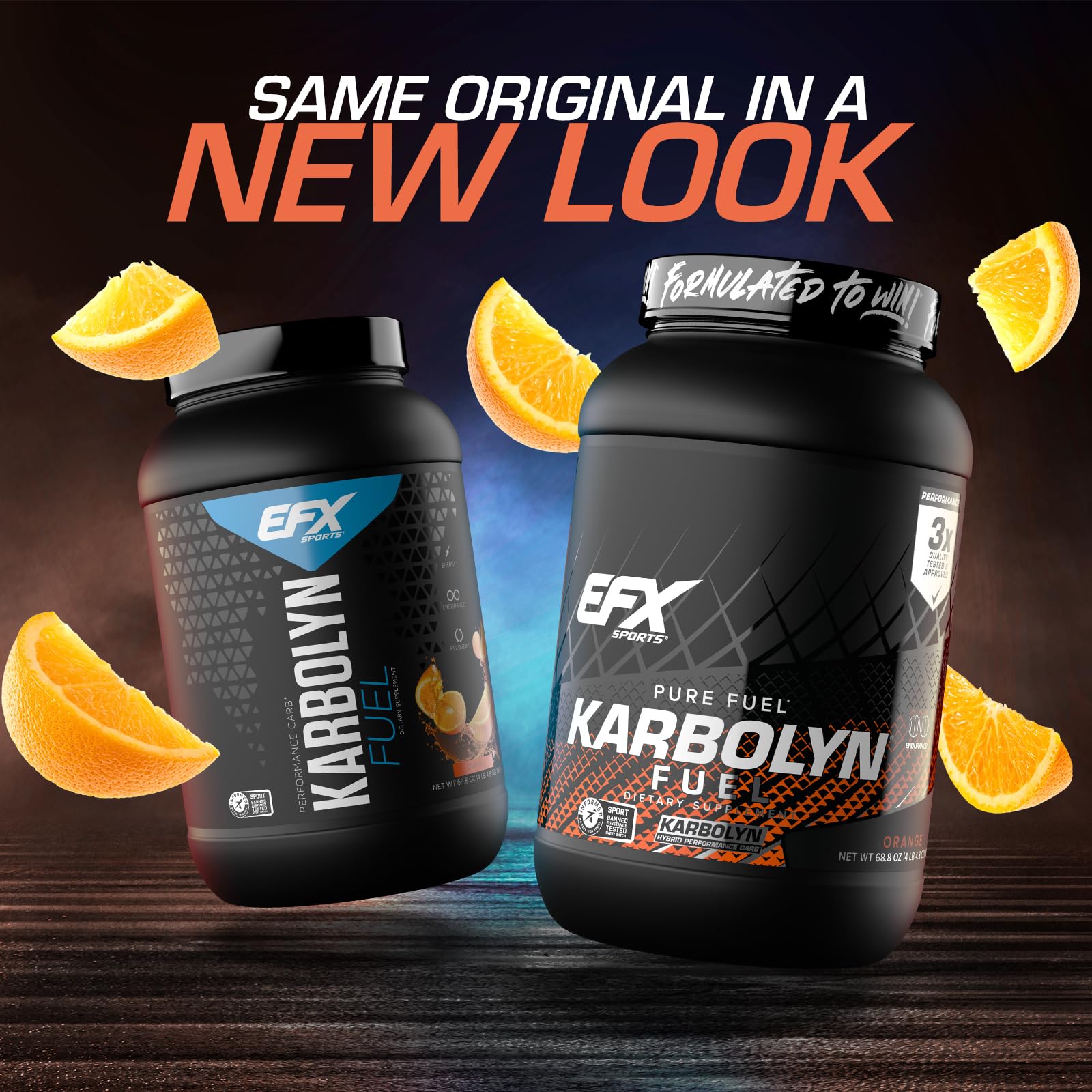 EFX Karbolyn Fuel orange bottle pouring powder for quick pre-workout energy.
