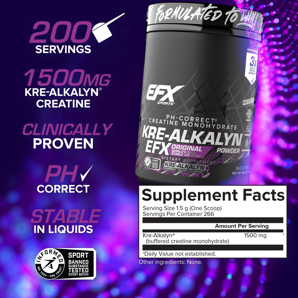 EFX Kre-Alkalyn unflavored powder packaging ideal for any beverage