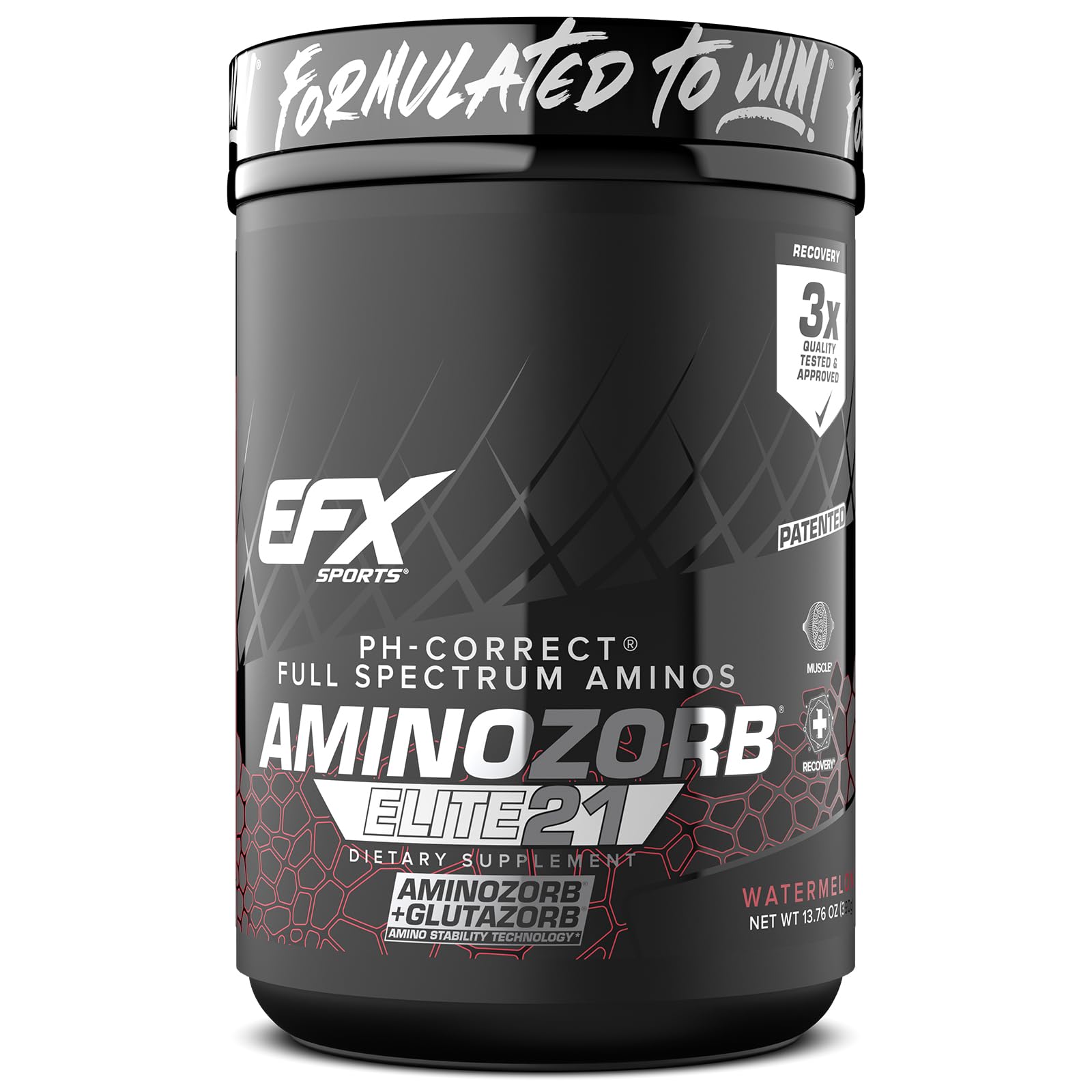 EFX Sports Aminozorb Elite 21 bottle label showing a full spectrum amino blend for recovery potential