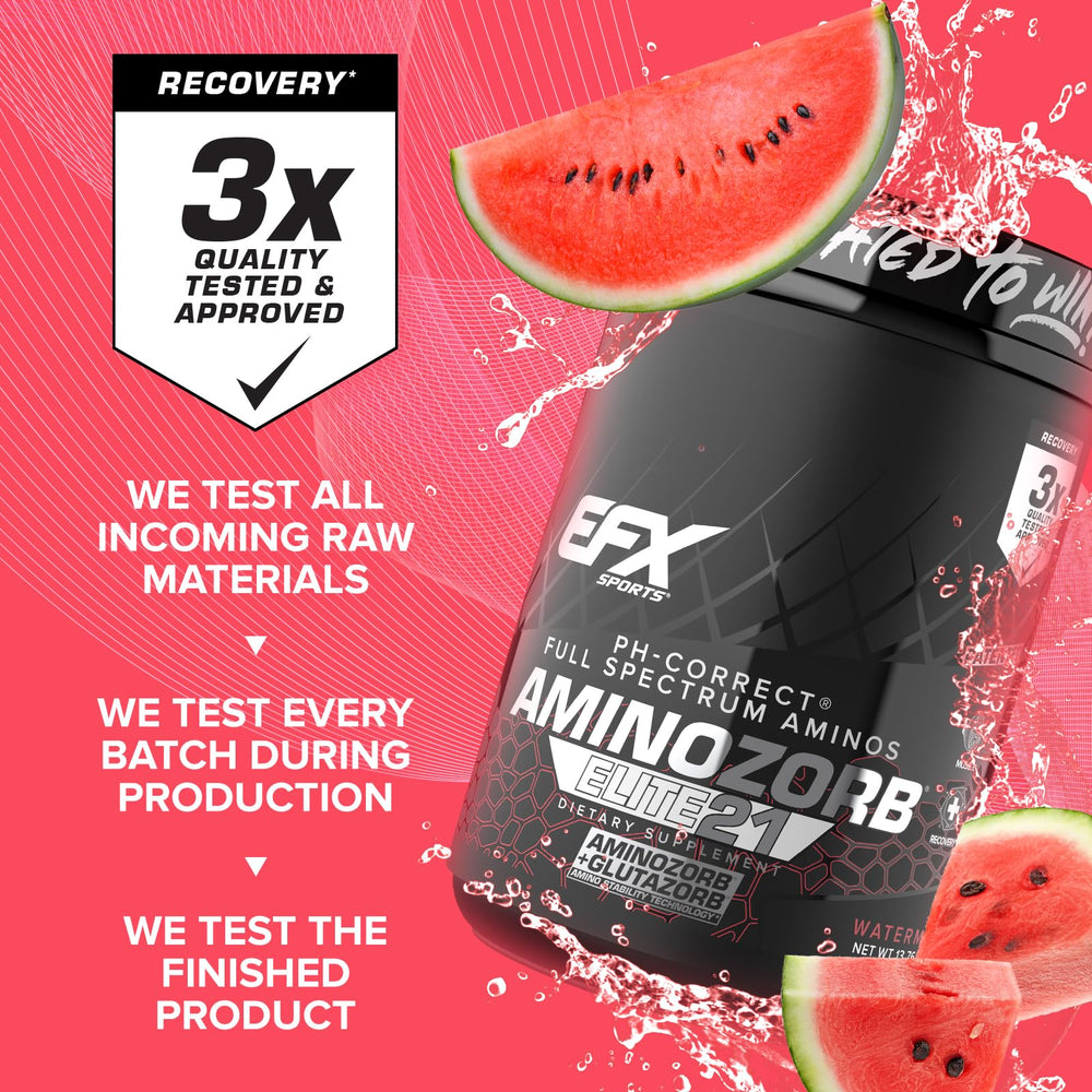 EFX Sports Aminozorb Elite 21 nutrition panel highlighting essential amino acids and BCAAs