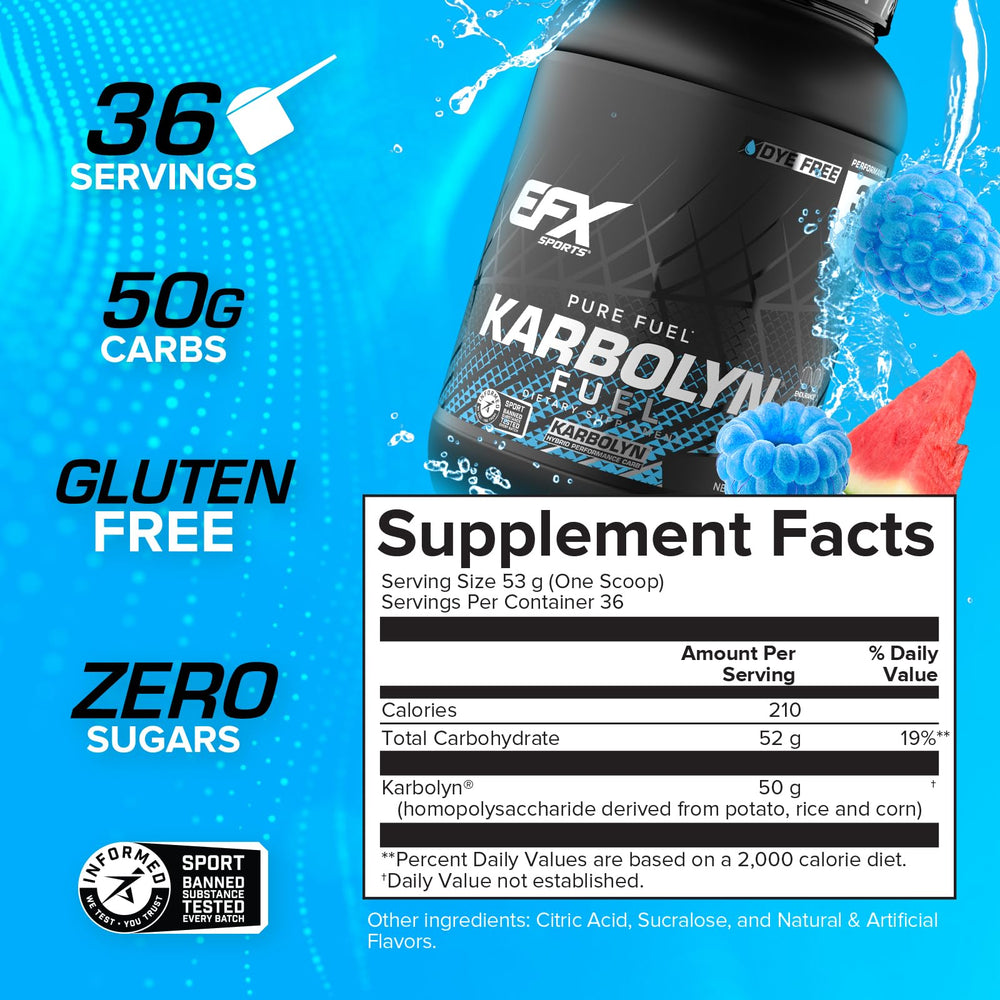 EFX Sports Karbolyn Fuel blue razz watermelon-label highlights flavor and energy.