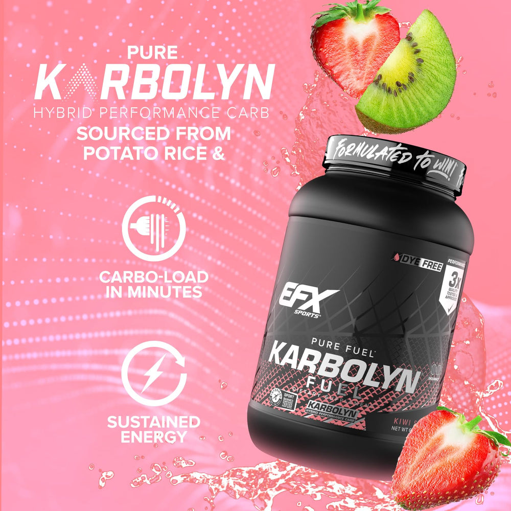 EFX Karbolyn Fuel powder closeup highlighting vegan, gluten-free formula for workouts.