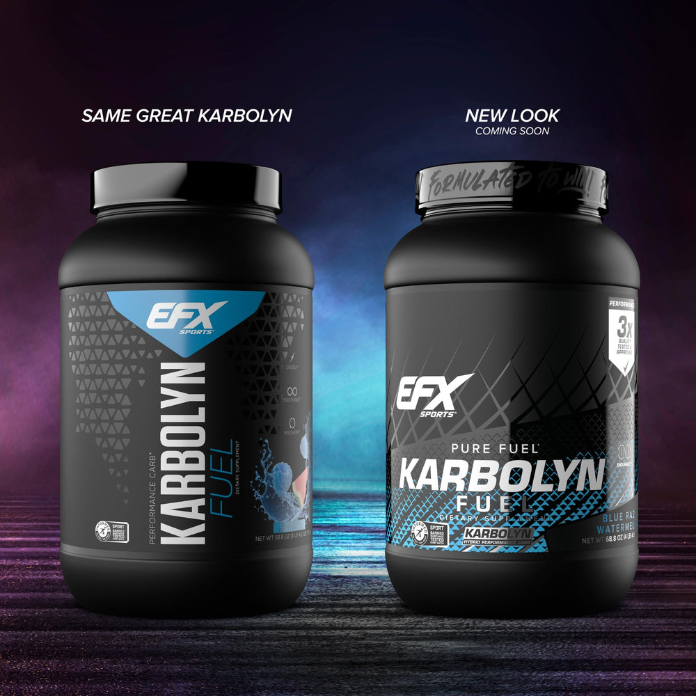 EFX Sports Karbolyn Fuel powder-scoop illustrates convenient pre-work fueling.
