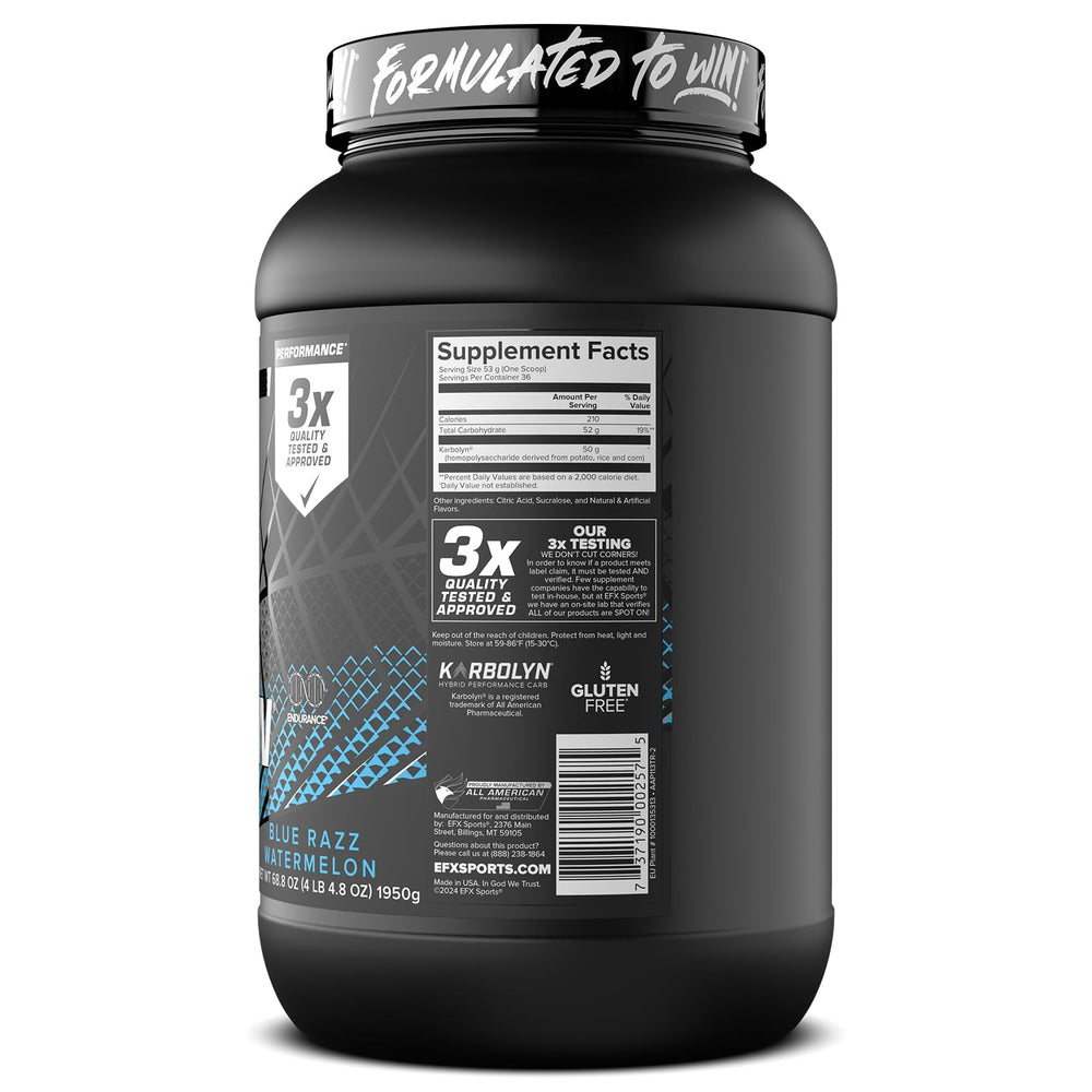 EFX Sports Karbolyn Fuel pre-workout-use shows fast fueling option.