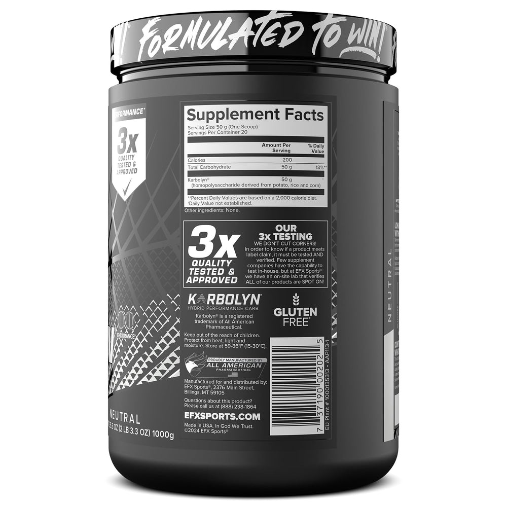 EFX Sports Karbolyn Fuel vegan-friendly formula suits diverse diets.