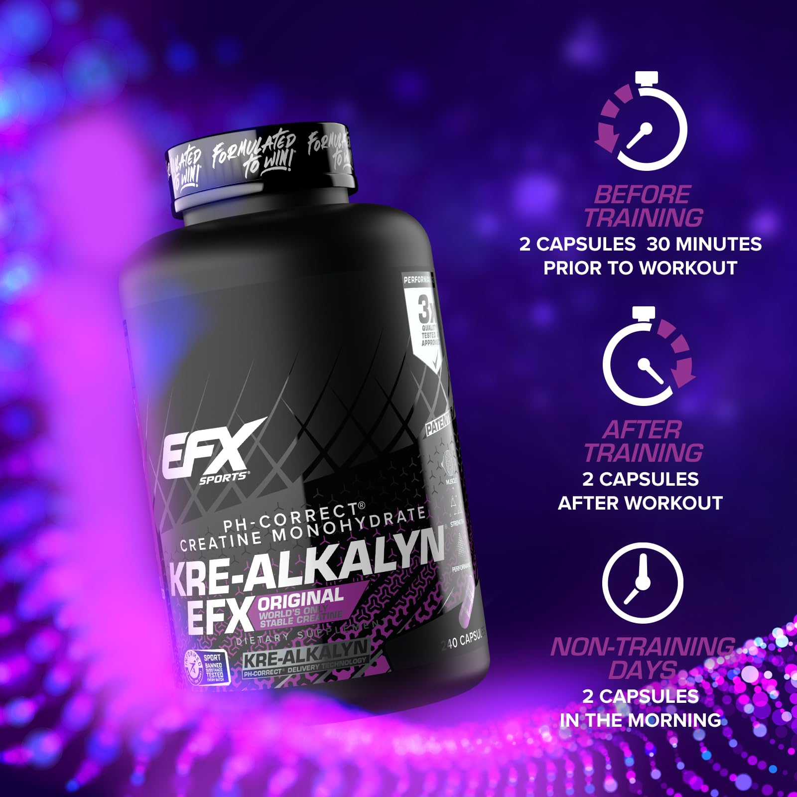 EFX Sports Kre-Alkalyn EFX capsules show 99.9% creatine monohydrate purity