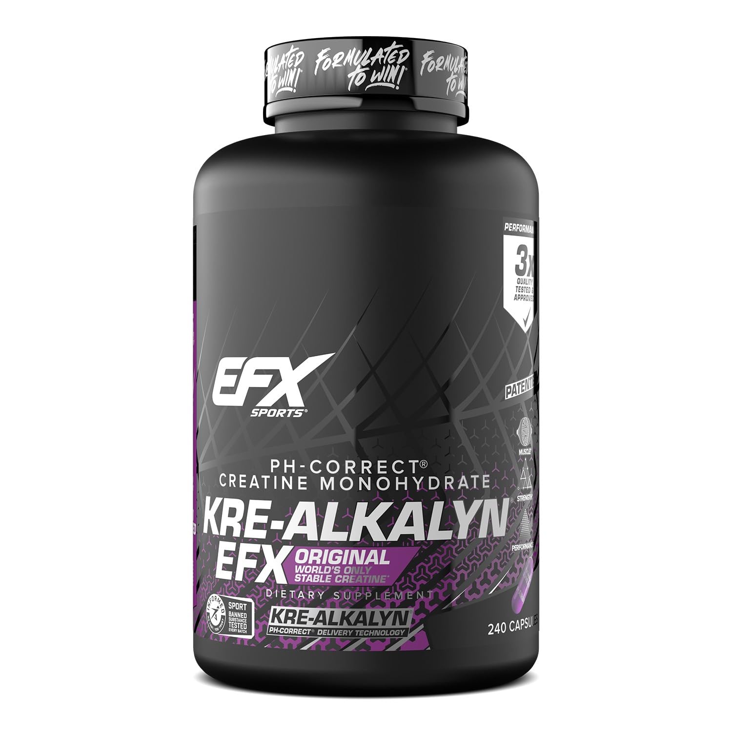 EFX Sports Kre-Alkalyn EFX bottle front for on-the-go strength support