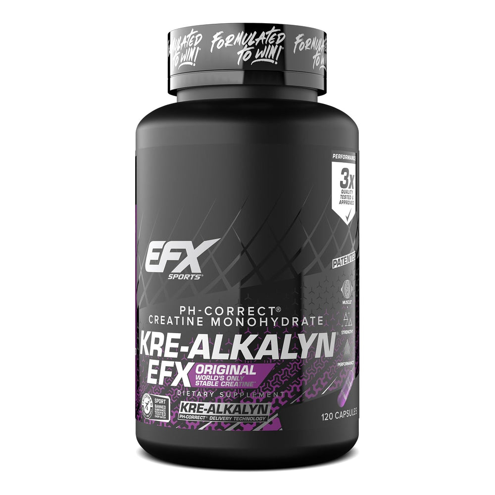 EFX Sports Kre-Alkalyn EFX bottle with convenient capsules for workouts.