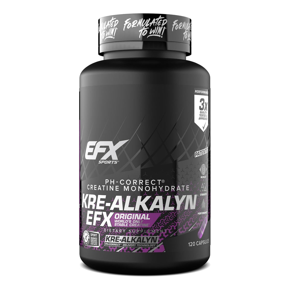 EFX Sports Kre-Alkalyn EFX bottle with convenient capsules for workouts.