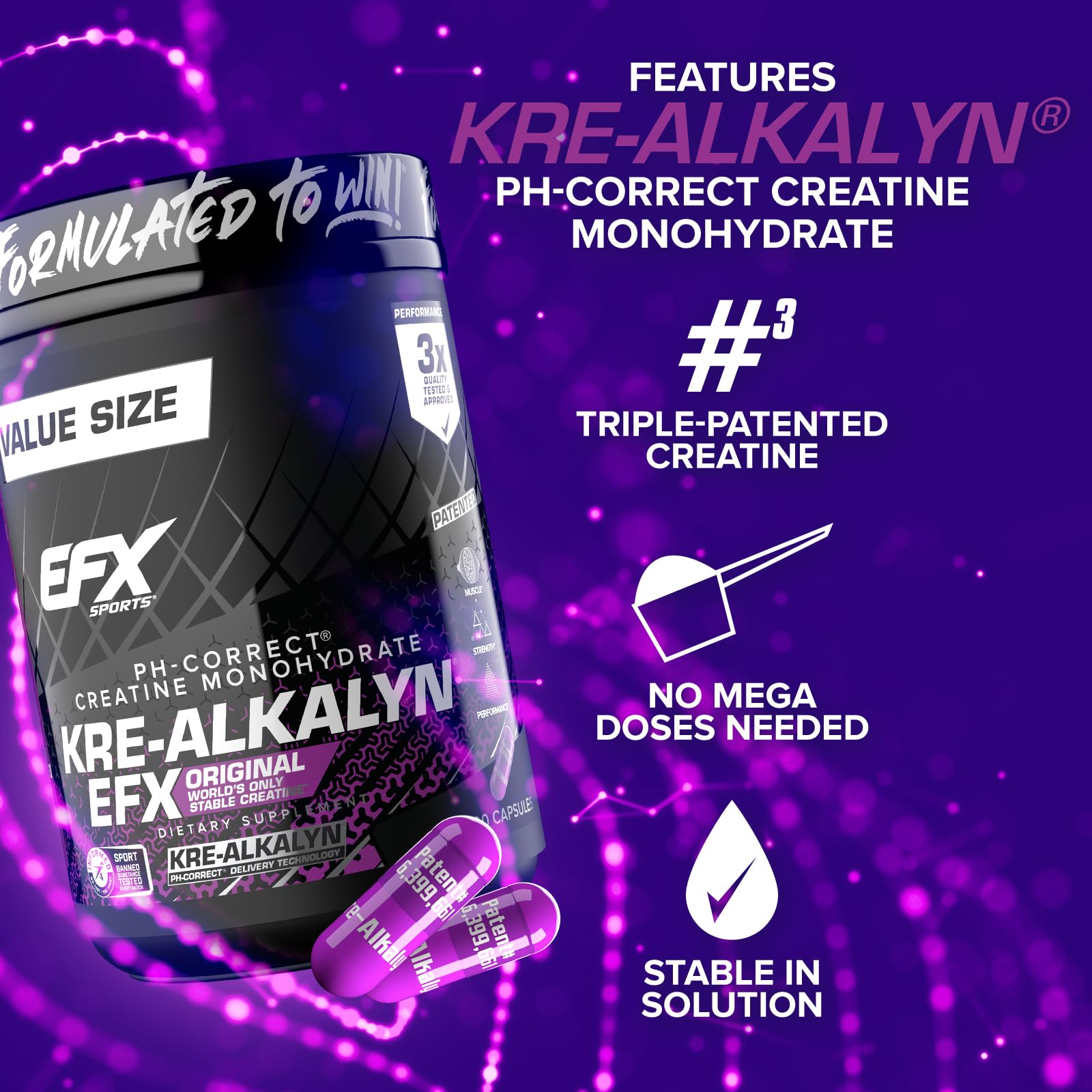 EFX Kre-Alkalyn EFX capsules neatly arranged ready for daily use and consistent dosing