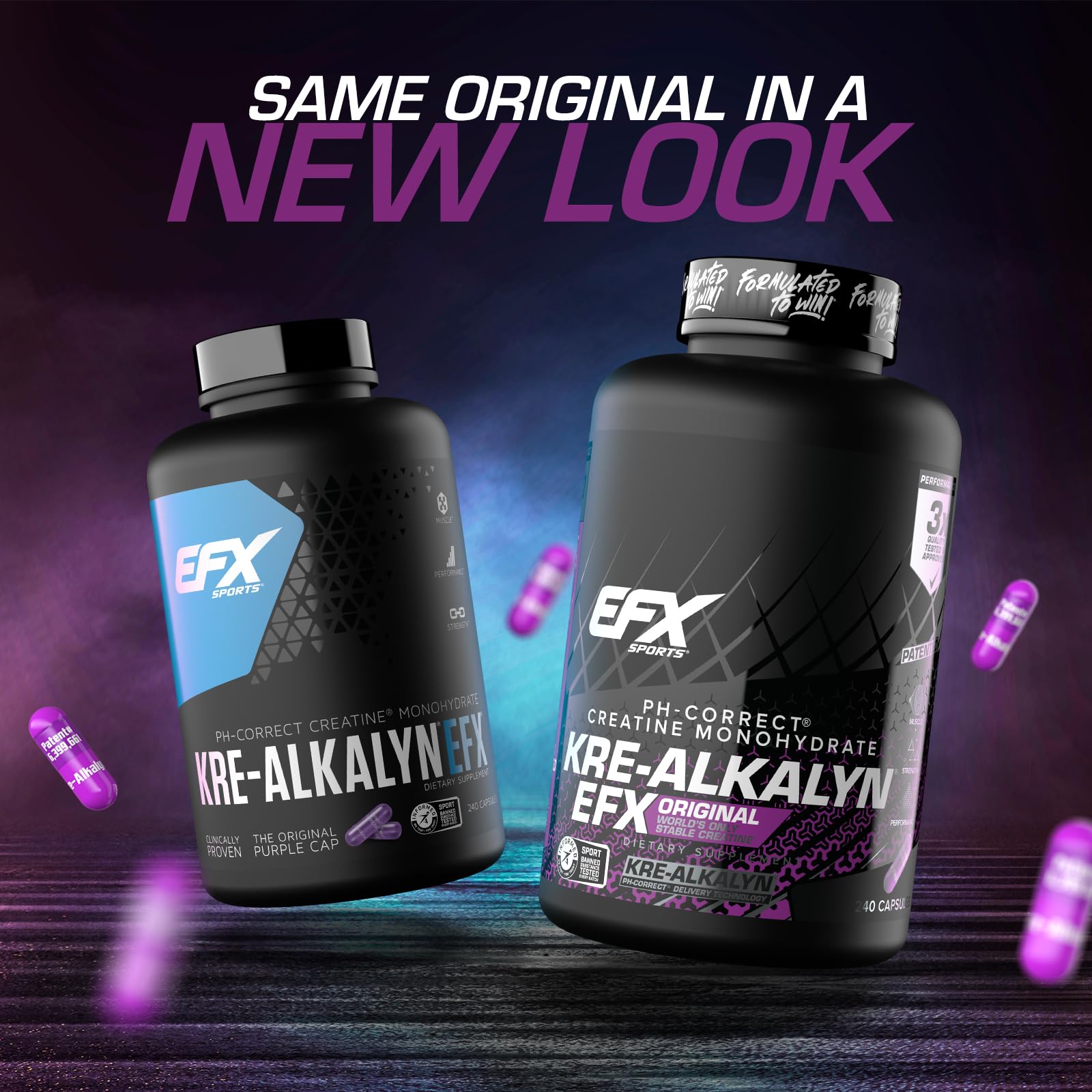 EFX Sports Kre-Alkalyn EFX capsules close-up highlighting easy-to-take pill form
