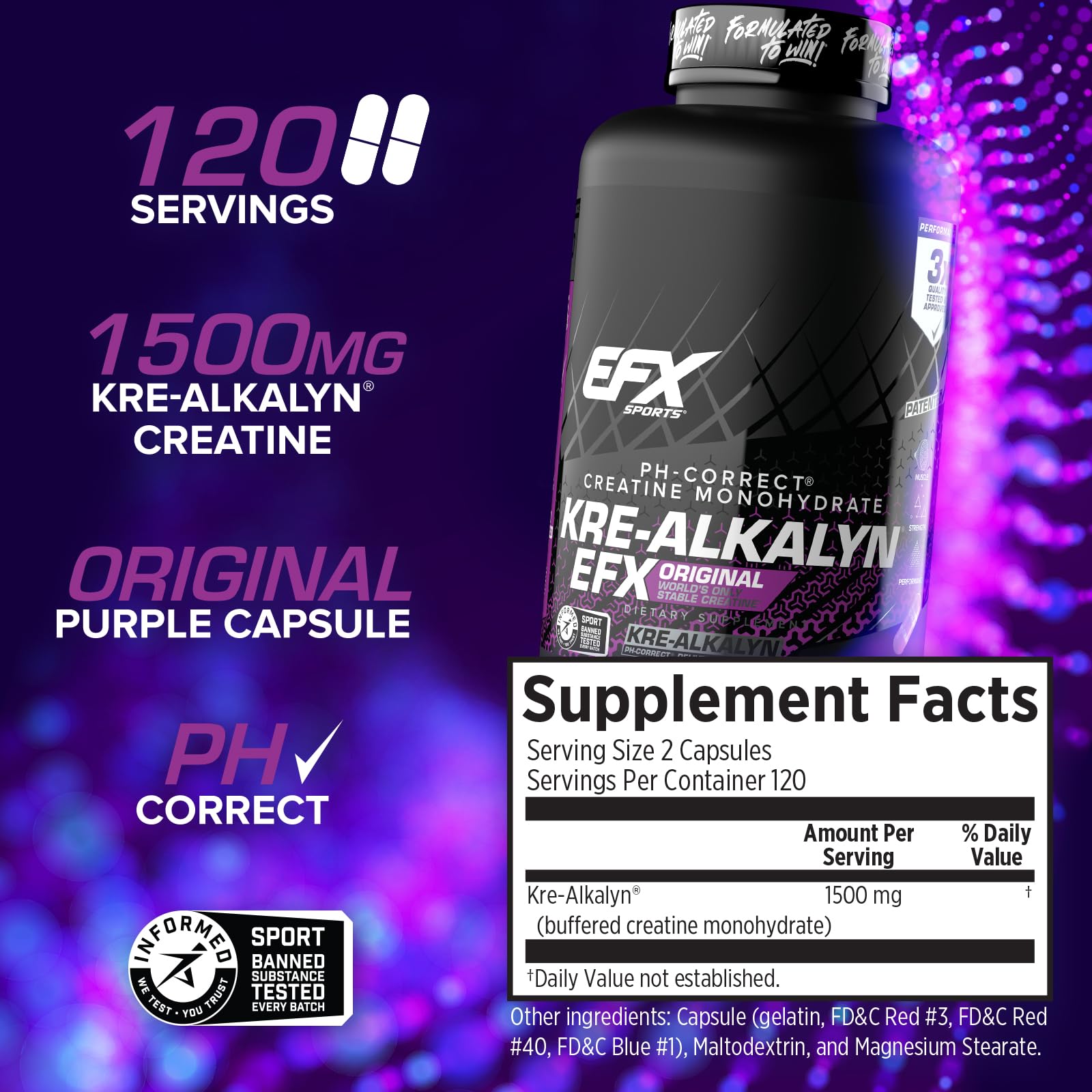 EFX Sports Kre-Alkalyn EFX label details showing pH-correct formula