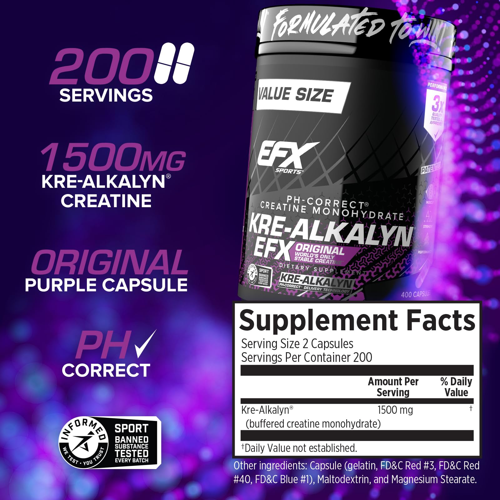 EFX Kre-Alkalyn packaging image emphasizes multi-patented pH formula for effective supplementation