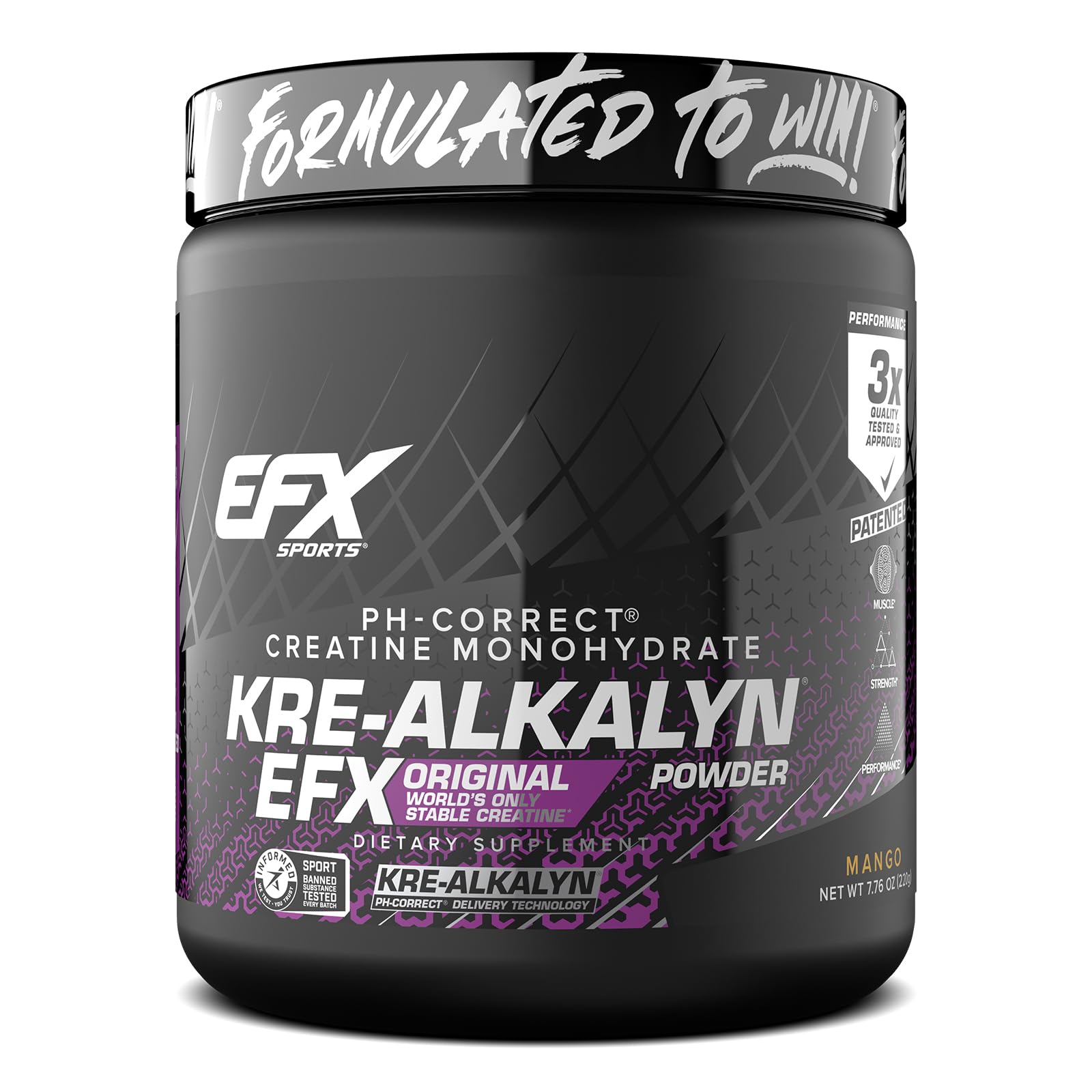EFX Sports Kre-Alkalyn EFX Powder bottle front highlighting pH-stable creatine for consistent workouts.