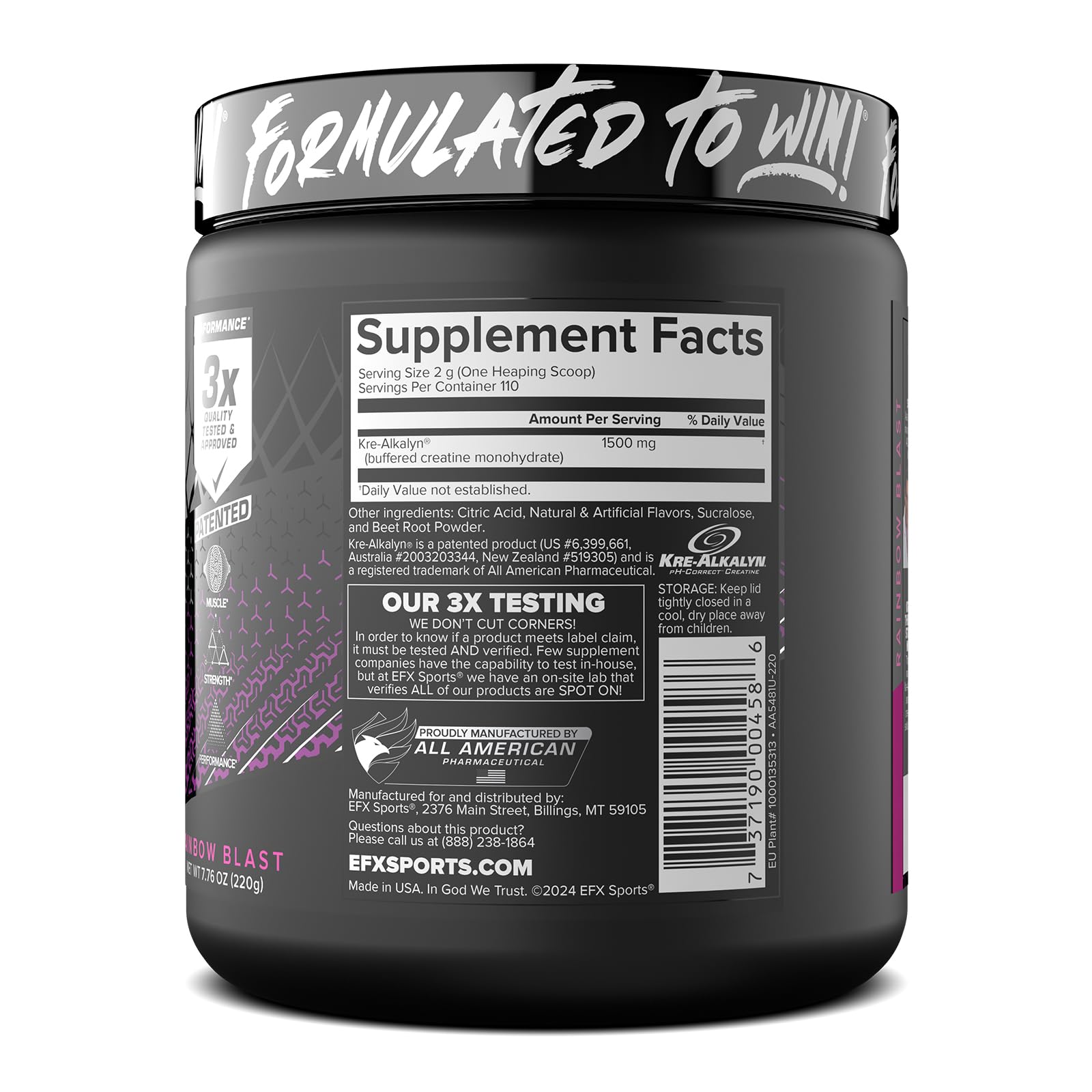 Label detail on Kre-Alkalyn EFX highlights dosage and pH stability benefits.