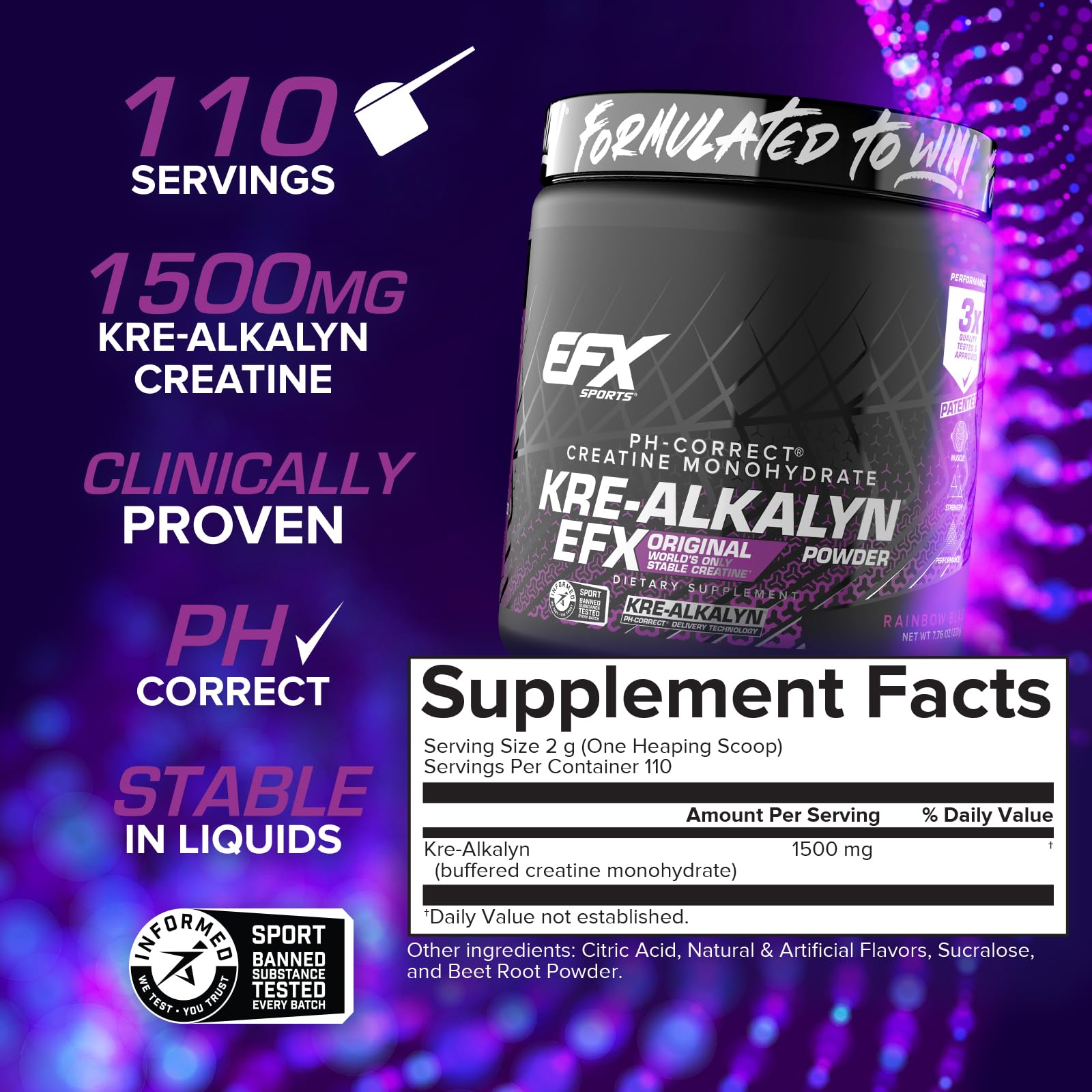EFX Kre-Alkalyn label close-up highlights pH-buffered creatine technology.