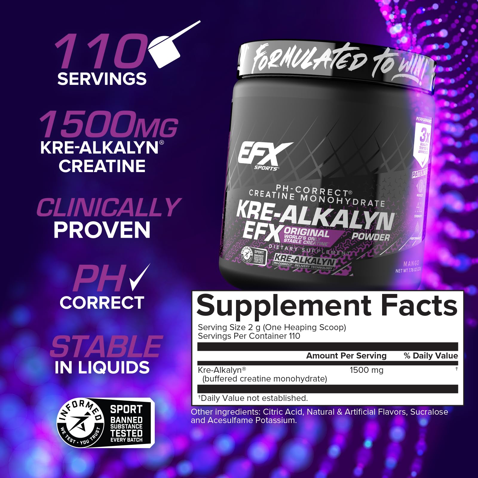 EFX Kre-Alkalyn EFX Powder label highlights pH 12–14 buffering benefits.