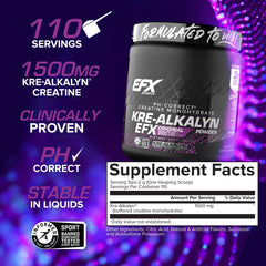 EFX Kre-Alkalyn EFX Powder label highlights pH 12–14 buffering benefits.