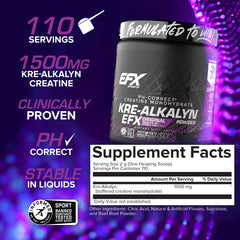 EFX Kre-Alkalyn label close-up highlights pH-buffered creatine technology.