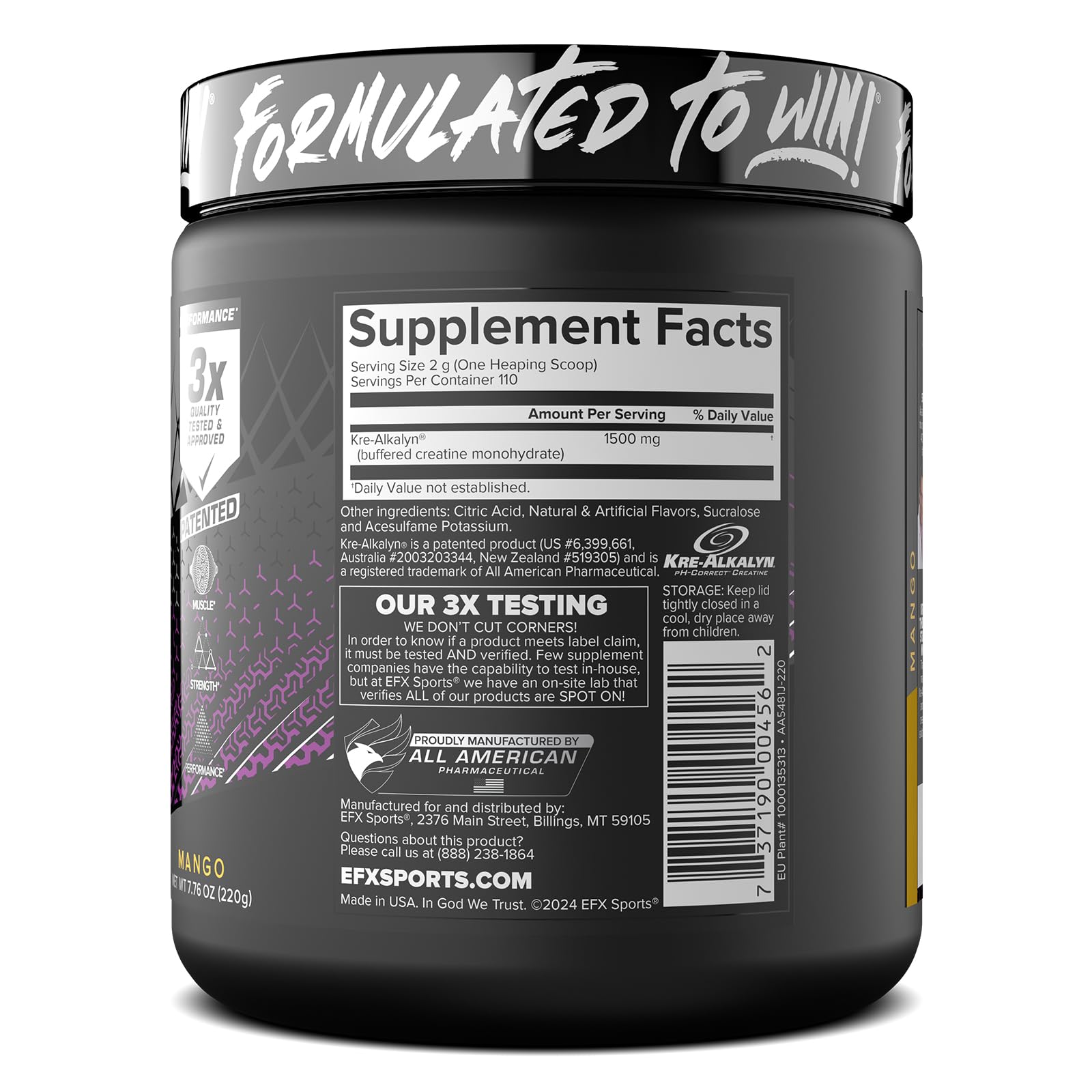 EFX Kre-Alkalyn EFX Powder packaging back conveys durability and value.