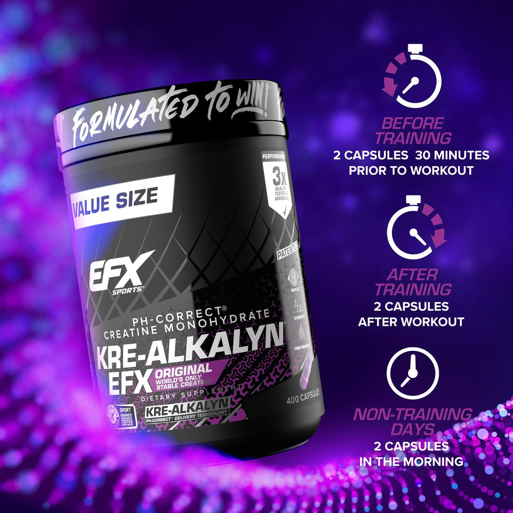 EFX Kre-Alkalyn EFX two-bottle display emphasizes value and 200-serving quantity