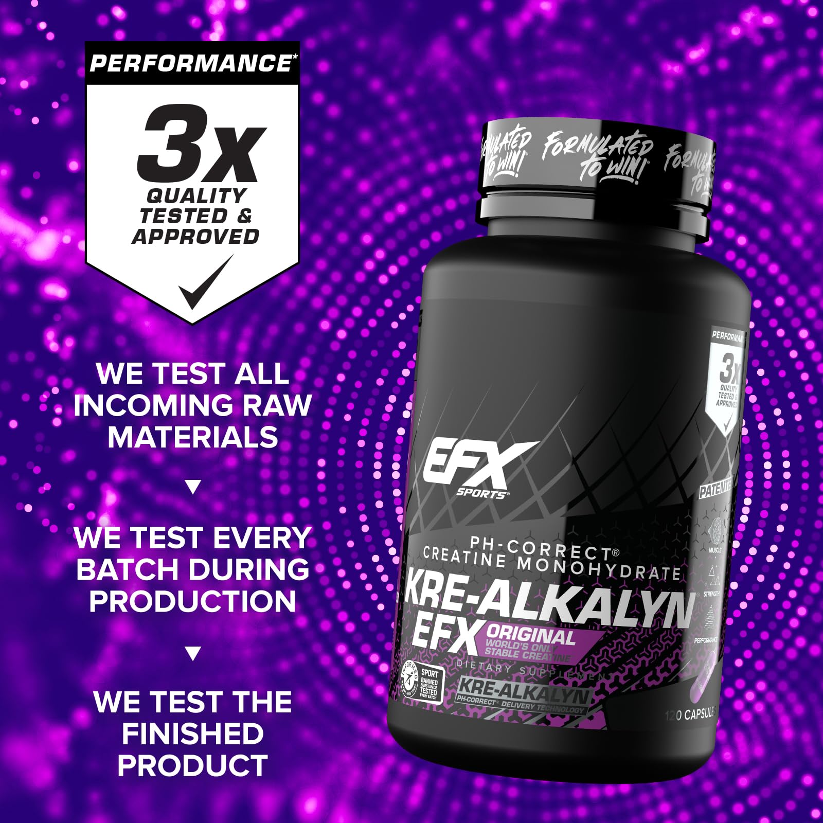 Back-of-pack highlights 3x quality testing seals for Kre-Alkalyn EFX.