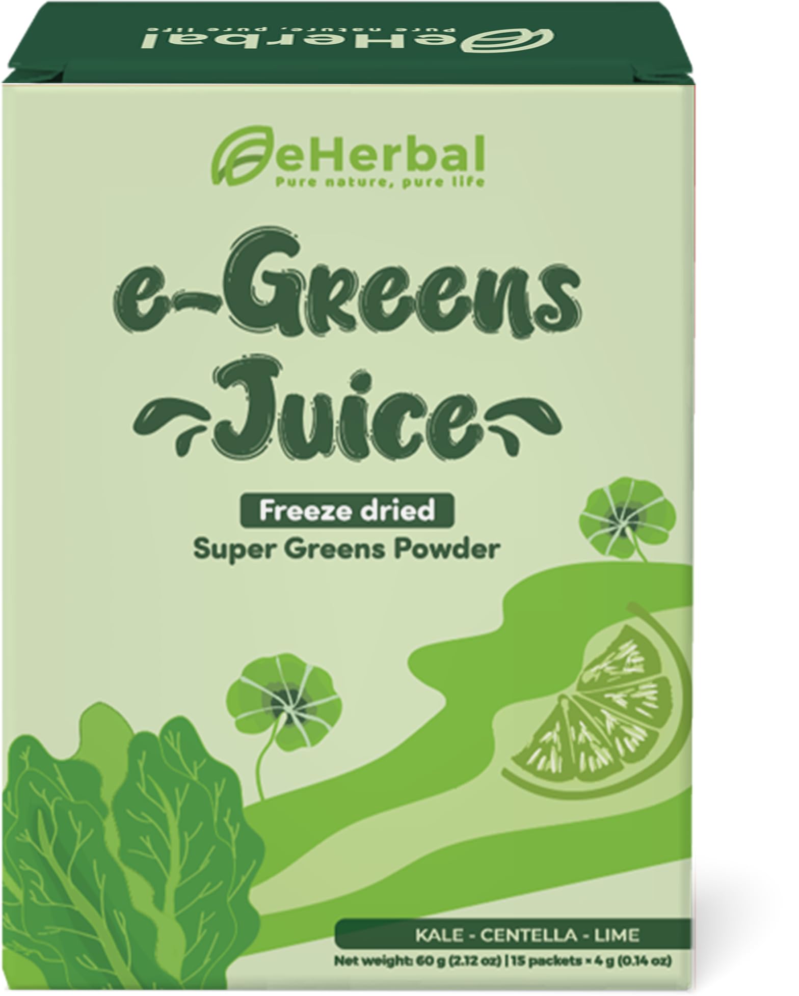 eHerbal freeze-dried superfood powder box showing vibrant greens for daily nutrition