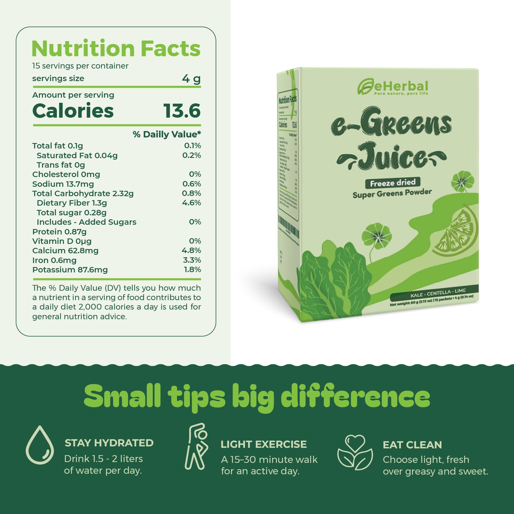 eHerbal spirulina kale centella green powder for energy and wellness