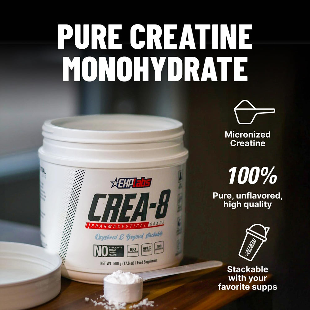 EHP Labs CREA-8 bottle with label showing pure unflavored creatine for versatile training.