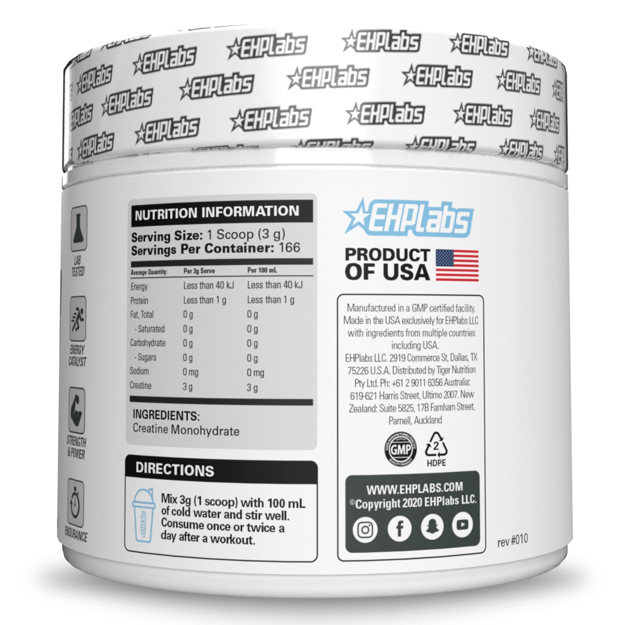EHP Labs CREA-8 container on a clean gym-top background for reliable training support.