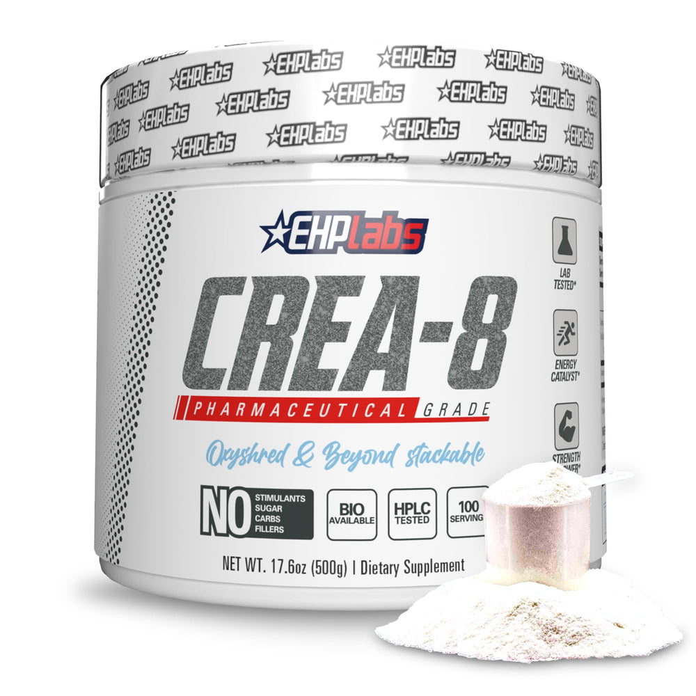 EHP Labs CREA-8 creatine powder tub close-up for fast-acting energy support during workouts.