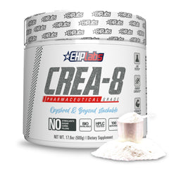 EHP Labs CREA-8 creatine powder tub close-up for fast-acting energy support during workouts.
