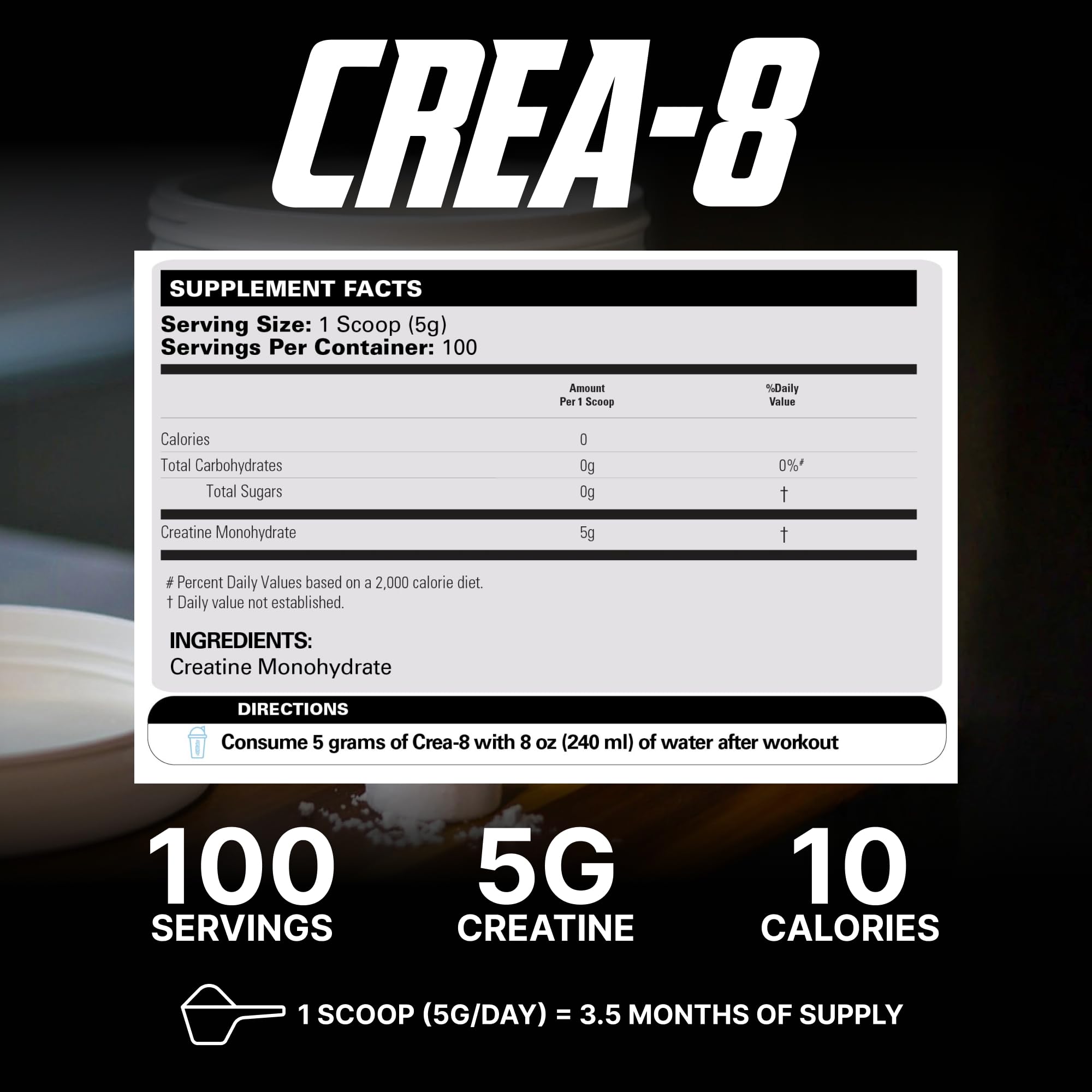 EHP Labs CREA-8 powder scoop ready for post-workout performance support.