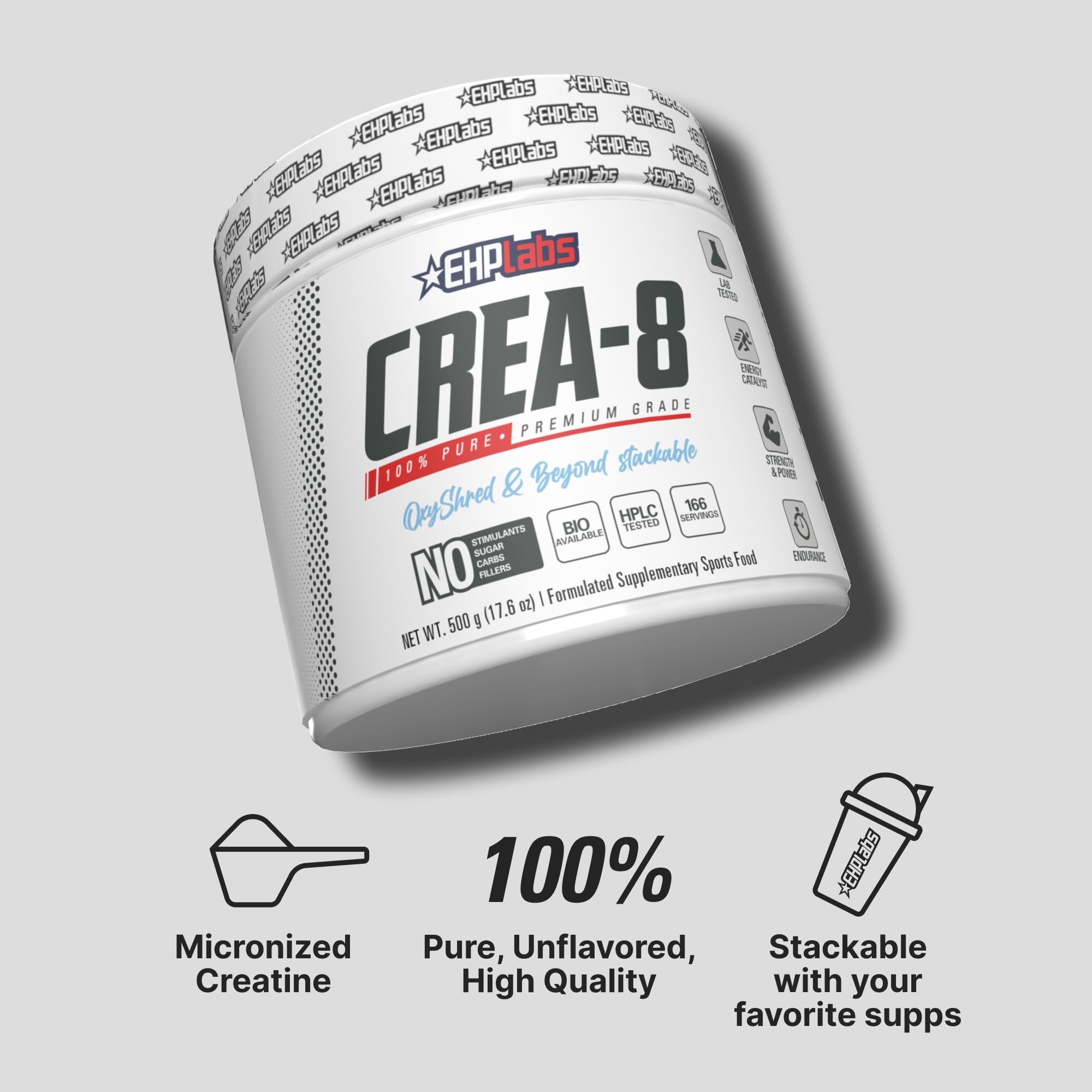 EHP Labs CREA-8 pre-workout mix in shaker promoting workout readiness.
