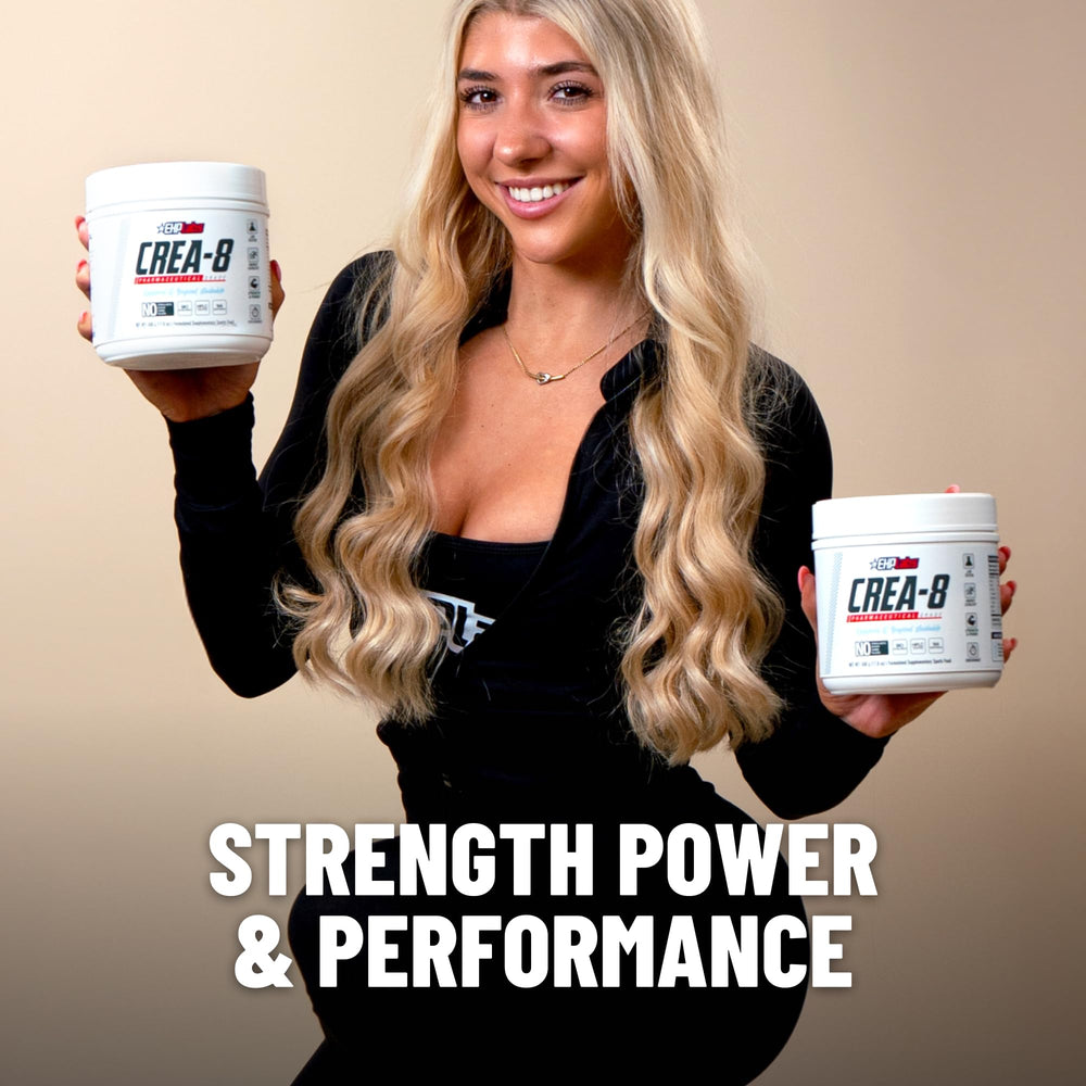 EHP Labs CREA-8 unflavored formula shown, versatile for stacking with other supplements.
